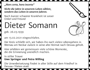 Traueranzeige von Dieter Somann von Mitteldeutsche Zeitung Dessau-Roßlau
