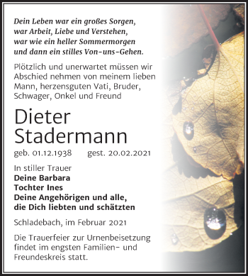 Traueranzeige von Dieter Stadermann von Super Sonntag Merseburg/Querfurt