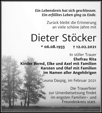 Traueranzeige von Dieter Stöcker von Super Sonntag Merseburg/Querfurt