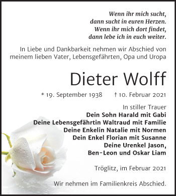 Traueranzeige von Dieter Wolff von Super Sonntag Zeitz