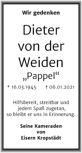 Traueranzeige von Dieter von der Weiden von Super Sonntag Wittenberg
