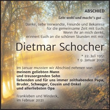 Traueranzeige von Dietmar Schocher von Super Sonntag Merseburg/Querfurt