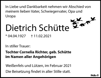 Traueranzeige von Dietrich Schütte von Mitteldeutsche Zeitung Weißenfels