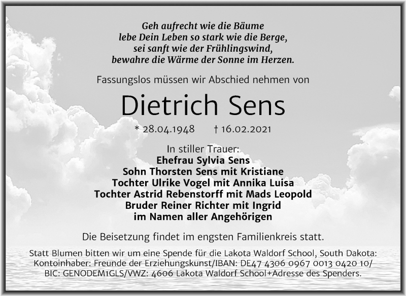  Traueranzeige für Dietrich Sens vom 20.02.2021 aus Mitteldeutsche Zeitung Dessau-Roßlau