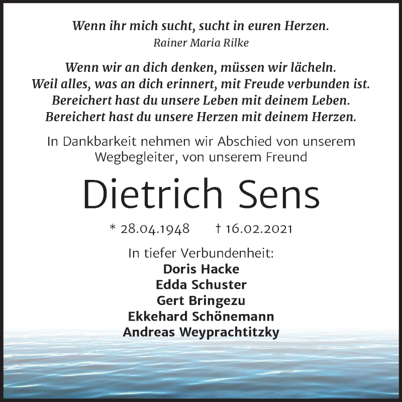  Traueranzeige für Dietrich Sens vom 27.02.2021 aus Mitteldeutsche Zeitung Dessau-Roßlau