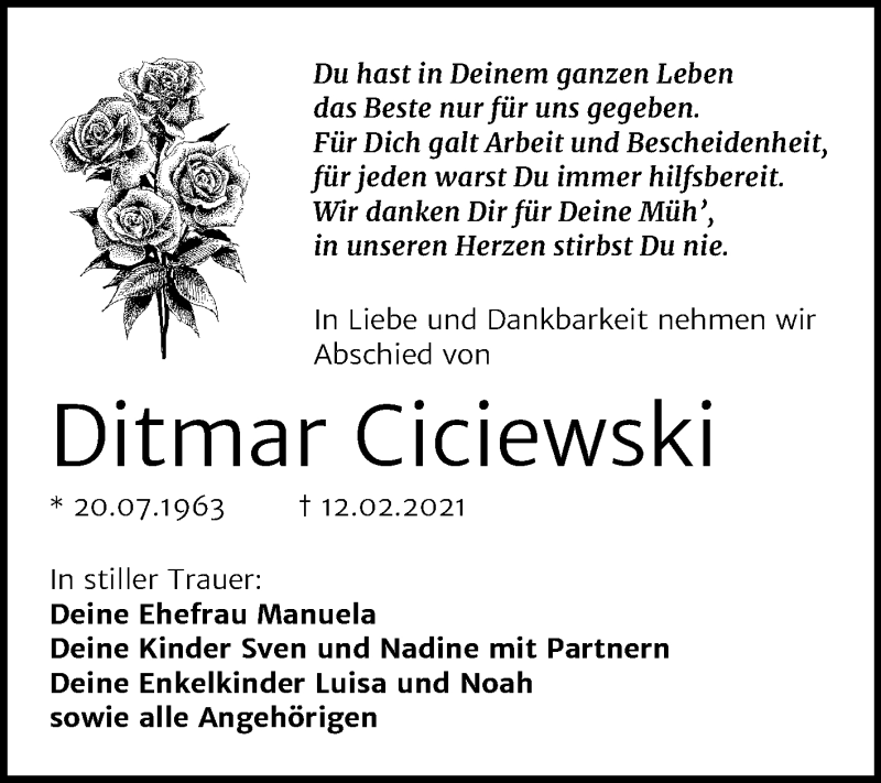  Traueranzeige für Ditmar Ciciewski vom 25.02.2021 aus Mitteldeutsche Zeitung Wittenberg