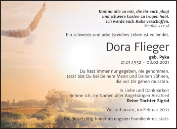 Traueranzeige von Dora Flieger von Mitteldeutsche Zeitung Quedlinburg