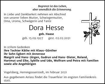 Traueranzeige von Dora Hesse von Super Sonntag Naumburg/Nebra