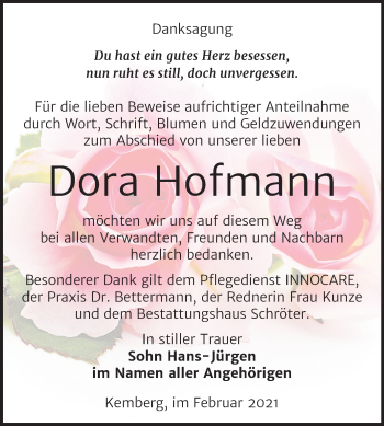 Traueranzeige von Dora Hofmann von Mitteldeutsche Zeitung Wittenberg