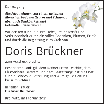 Traueranzeige von Doris Brückner von Super Sonntag Merseburg/Querfurt