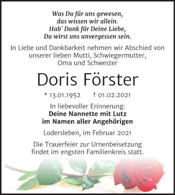 Traueranzeige von Doris Förster von Mitteldeutsche Zeitung Merseburg/Querfurt