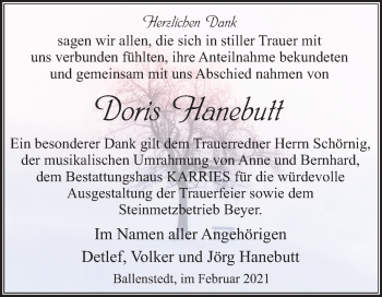 Traueranzeige von Doris Hanebutt von Super Sonntag Quedlinburg