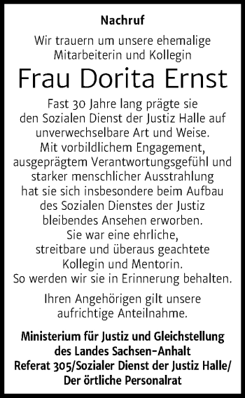Traueranzeige von Dorita Ernst von Mitteldeutsche Zeitung Halle/Saalkreis