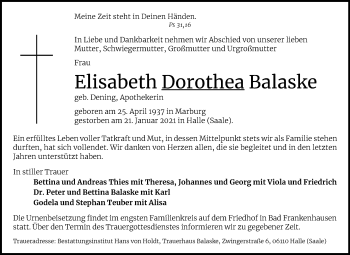 Traueranzeige von Dorothea Balaske von Mitteldeutsche Zeitung Sangerhausen