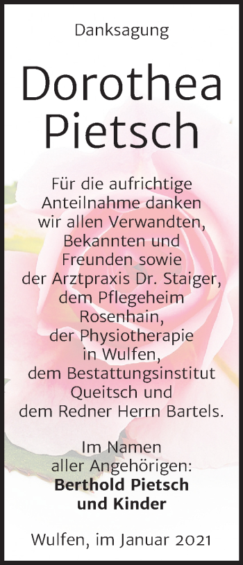 Traueranzeige von Dorothea Pietsch von Mitteldeutsche Zeitung Köthen