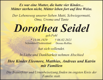 Traueranzeige von Dorothea Seidel von Mitteldeutsche Zeitung Dessau-Roßlau