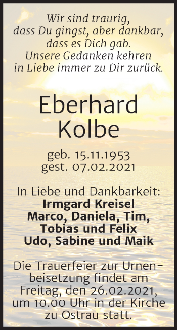 Traueranzeige von Eberhard Kolbe von Mitteldeutsche Zeitung Halle/Saalkreis