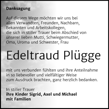 Traueranzeige von Edeltraud Plügge von Mitteldeutsche Zeitung Zeitz