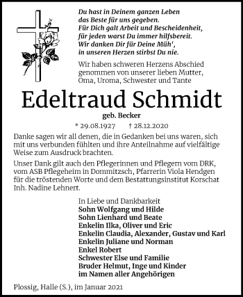 Traueranzeige von Edeltraud Schmidt von Mitteldeutsche Zeitung Wittenberg
