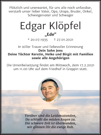 Traueranzeige von Edgar Klöpfel von Mitteldeutsche Zeitung Bitterfeld
