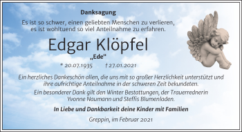 Traueranzeige von Edgar Klöpfel von Mitteldeutsche Zeitung Bitterfeld