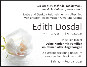 Traueranzeige von Edith Dosdal von Super Sonntag Wittenberg