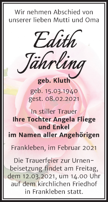 Traueranzeige von Edith Jährling von Mitteldeutsche Zeitung Merseburg/Querfurt