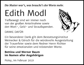 Traueranzeige von Edith Modl von Mitteldeutsche Zeitung Bernburg