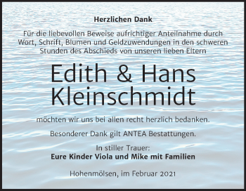 Traueranzeige von Edith & Hans Kleinschmidt von Super Sonntag Weißenfels