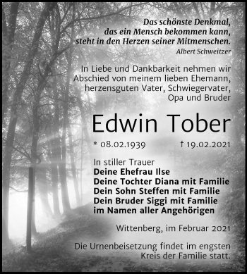 Traueranzeige von Edwin Tober von Super Sonntag Wittenberg