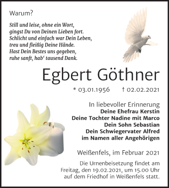 Traueranzeige von Egbert Göthner von Super Sonntag Weißenfels