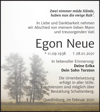 Traueranzeige von Egon Neue von Super Sonntag Quedlinburg