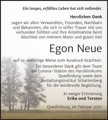 Traueranzeige von Egon Neue von Mitteldeutsche Zeitung Quedlinburg
