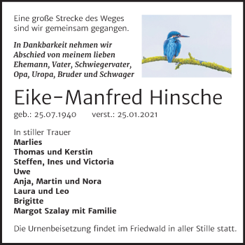 Traueranzeige von Eike-Manfred Hinsche von Super Sonntag Dessau-Roßlau
