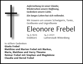 Traueranzeige von Eleonore Frebel von Mitteldeutsche Zeitung Wittenberg