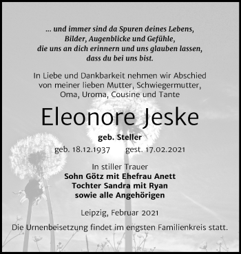 Traueranzeige von Eleonore Jeske von Super Sonntag Zeitz