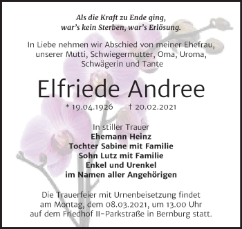 Traueranzeige von Elfriede Andree von Mitteldeutsche Zeitung Bernburg
