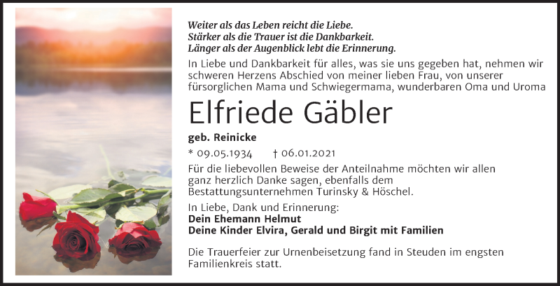  Traueranzeige für Elfriede Gäbler vom 06.02.2021 aus Super Sonntag Mansfelder Land