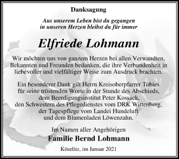 Traueranzeige von Elfriede Lohmann von Mitteldeutsche Zeitung Wittenberg