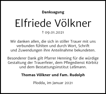 Traueranzeige von Elfriede Völkner von Mitteldeutsche Zeitung Bitterfeld