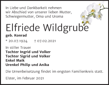 Traueranzeige von Elfriede Wildgrube von Super Sonntag Wittenberg
