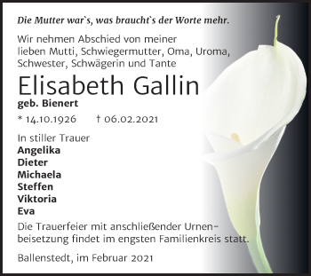 Traueranzeige von Elisabeth Gallin von Mitteldeutsche Zeitung Quedlinburg