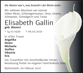 Traueranzeige von Elisabeth Gallin von Super Sonntag Quedlinburg