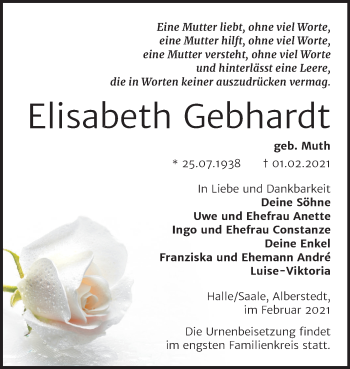 Traueranzeige von Elisabeth Gebhardt von Mitteldeutsche Zeitung Mansfelder Land / Merseburg/Querfurt