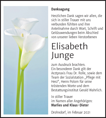 Traueranzeige von Elisabeth Junge von Super Sonntag Aschersleben / Mansfelder Land