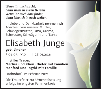 Traueranzeige von Elisabeth Junge von Super Sonntag Aschersleben / Mansfelder Land