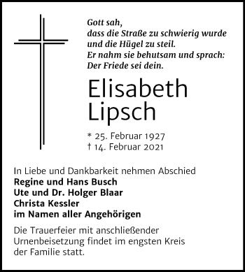 Traueranzeige von Elisabeth Lipsch von Mitteldeutsche Zeitung Halle/Saalkreis