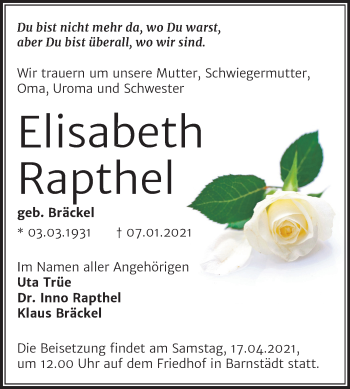 Traueranzeige von Elisabeth Rapthel von Mitteldeutsche Zeitung Merseburg/Querfurt