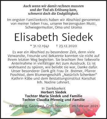Traueranzeige von Elisabeth Siedek von Mitteldeutsche Zeitung Wittenberg