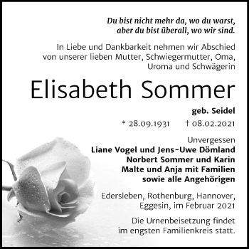 Traueranzeige von Elisabeth Sommer von Mitteldeutsche Zeitung Sangerhausen